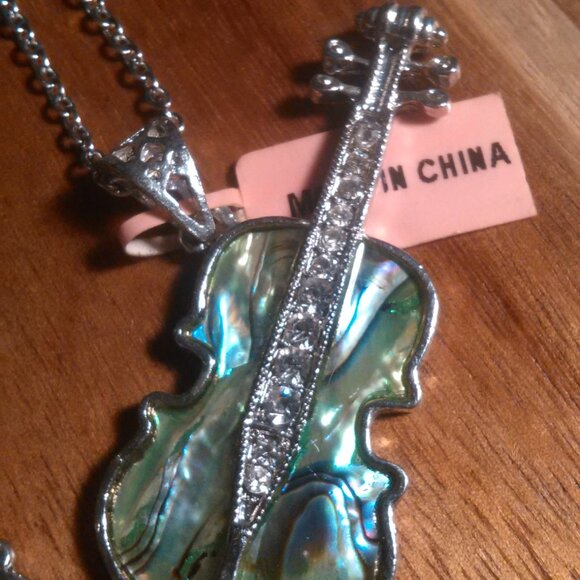 Abalone and White Crystal Silvertone Pendant Stainless Steel Necklace - Picture 5 of 9